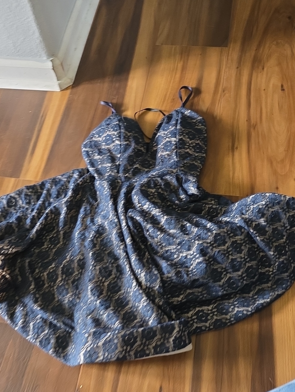 Papaya Navy and White Lace-Effect Mini Dress